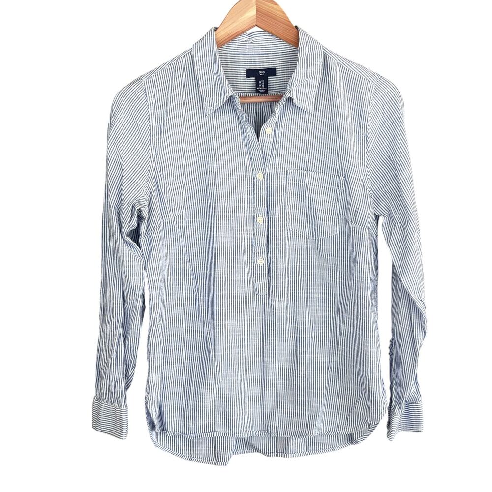 Gap Seersucker Blouse XS Blue White Stripe Top Shirt Coastal Prep